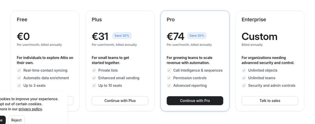 Attio plan cards in EUR, billed annually
