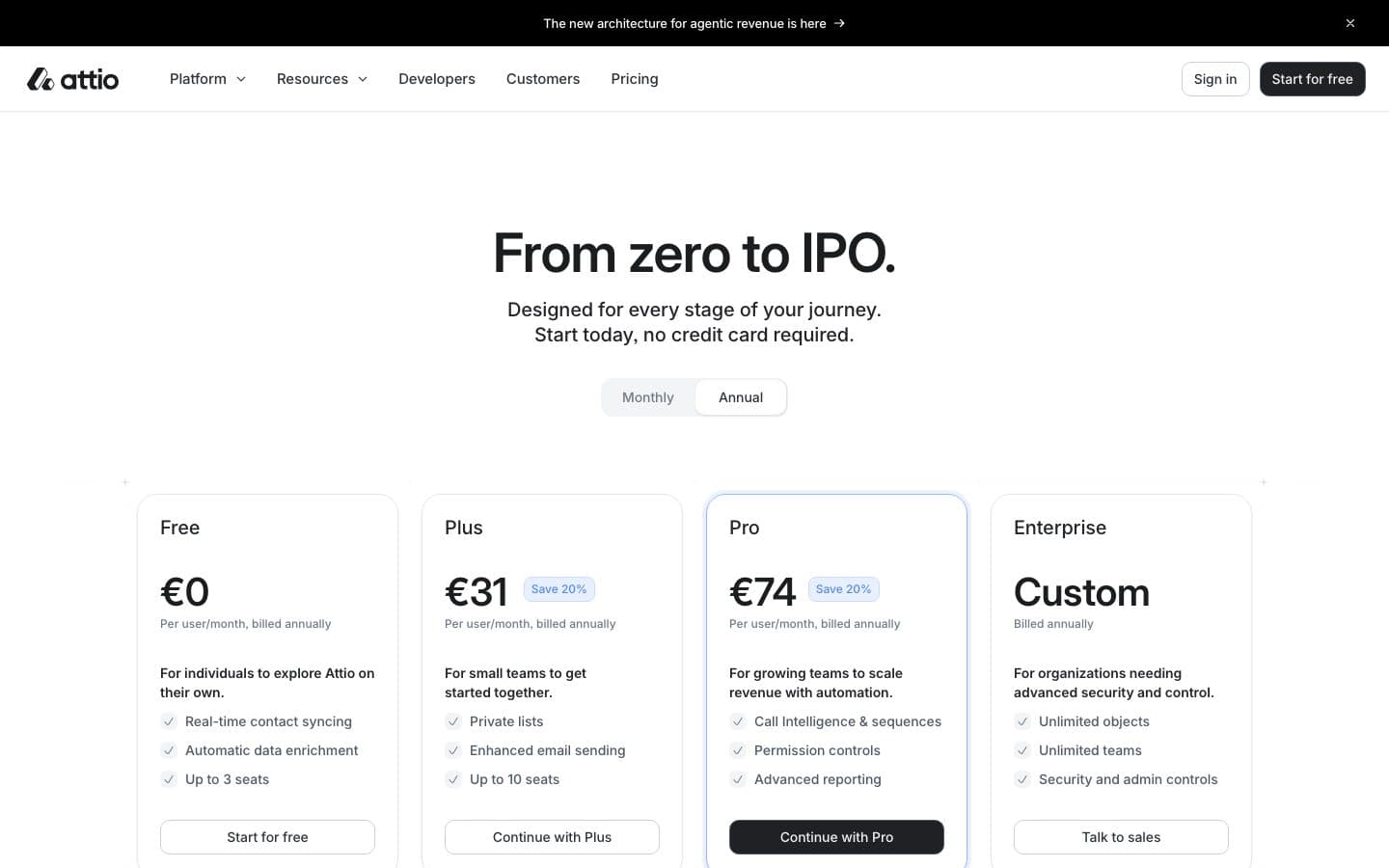 Attio's pricing page, 23 October 2026