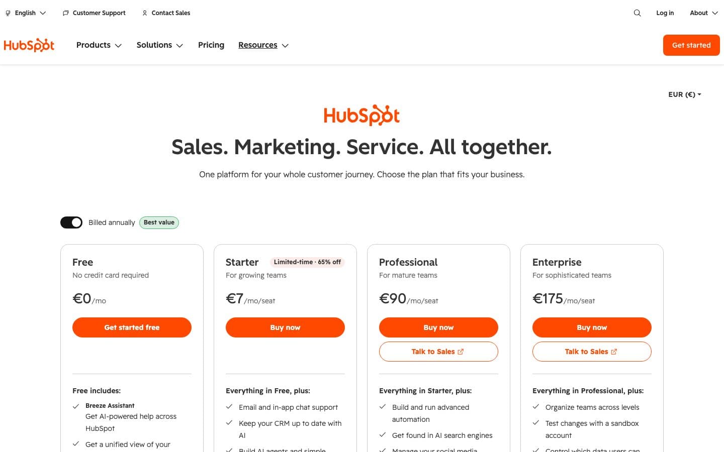 HubSpot's pricing page, 23 October 2026