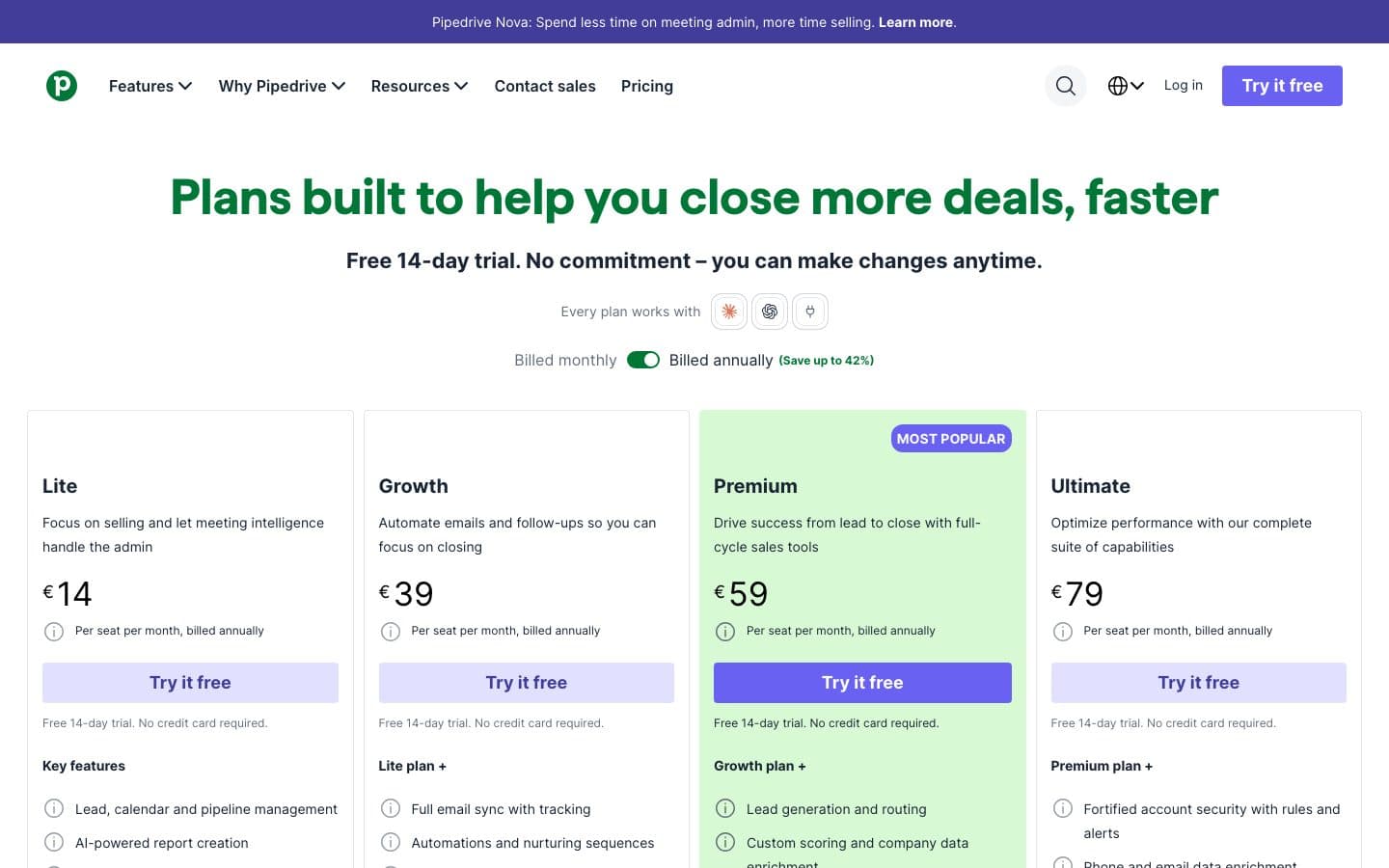 Pipedrive's pricing page, 23 October 2026